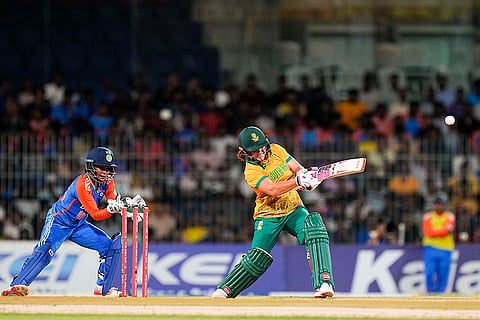 Nadine de Klerk plays a shot against India Women